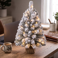 60cm Mini Snow-Flocked Christmas Tree, Pre-lit Tabletop Xmas Tree w/ 30 Warm White LED lights, Timer, Burlap Base, 65 PVC Branch Tips, Battery-Operated Desktop Decoration Tree for Holiday