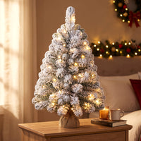 60cm Mini Snow-Flocked Christmas Tree, Pre-lit Tabletop Xmas Tree w/ 30 Warm White LED lights, Timer, Burlap Base, 65 PVC Branch Tips, Battery-Operated Desktop Decoration Tree for Holiday