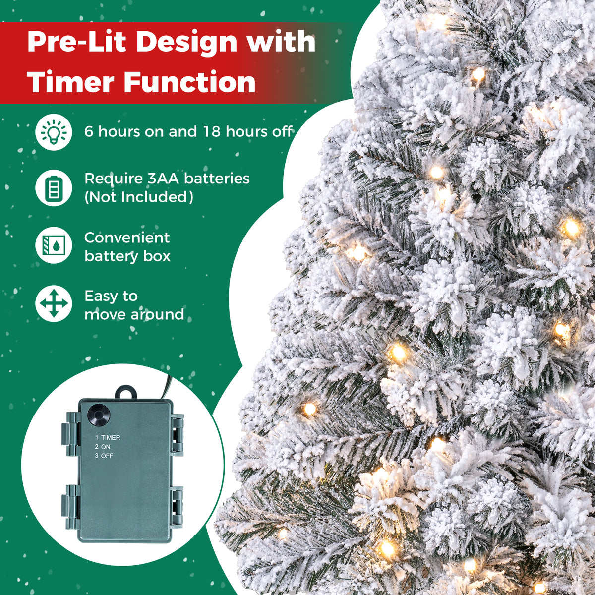 60cm Mini Snow-Flocked Christmas Tree, Pre-lit Tabletop Xmas Tree w/ 30 Warm White LED lights, Timer, Burlap Base, 65 PVC Branch Tips, Battery-Operated Desktop Decoration Tree for Holiday