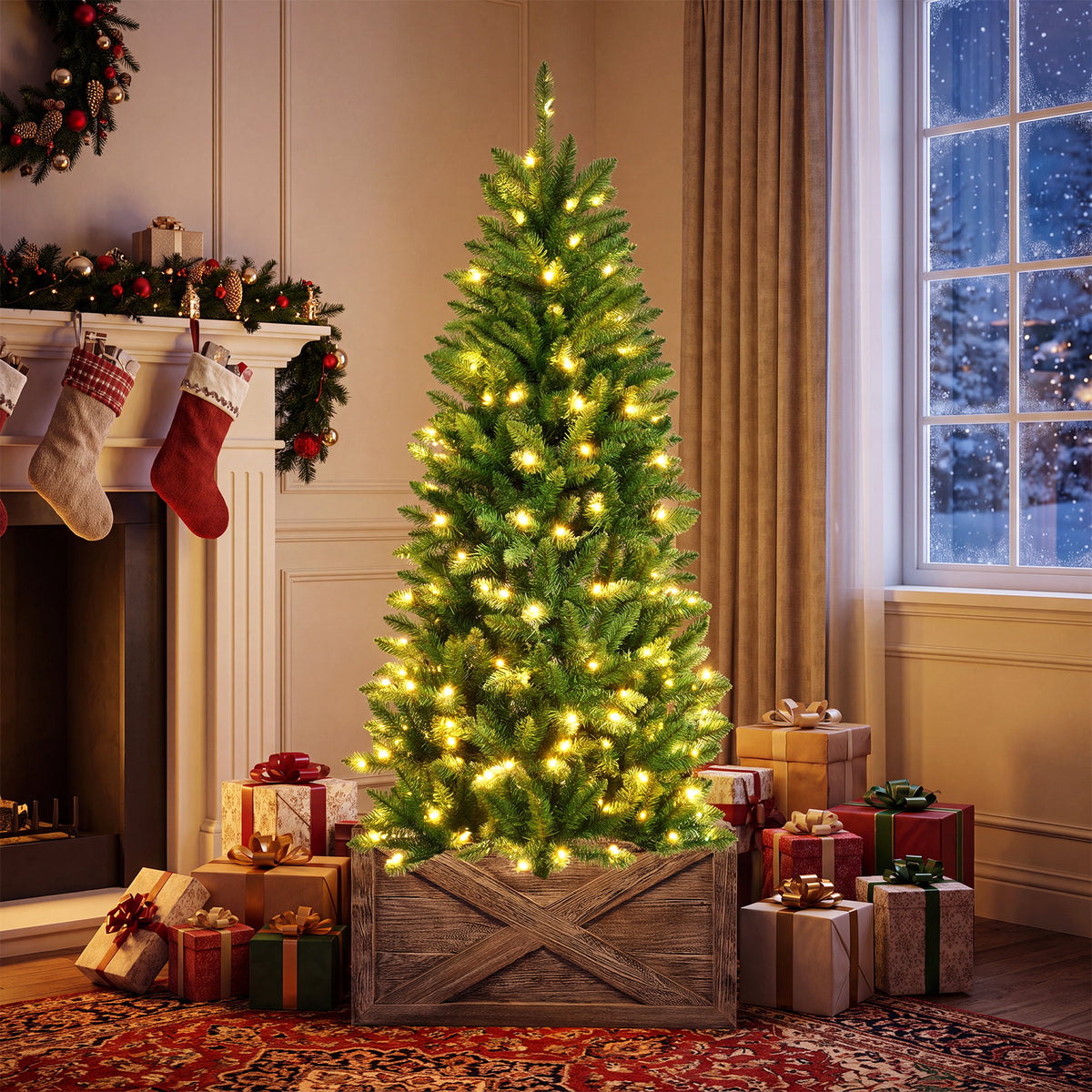 Pre Lit Christmas Tree Slim LED Xmas Tree Home Christmas Decoration Lights Green Outdoor