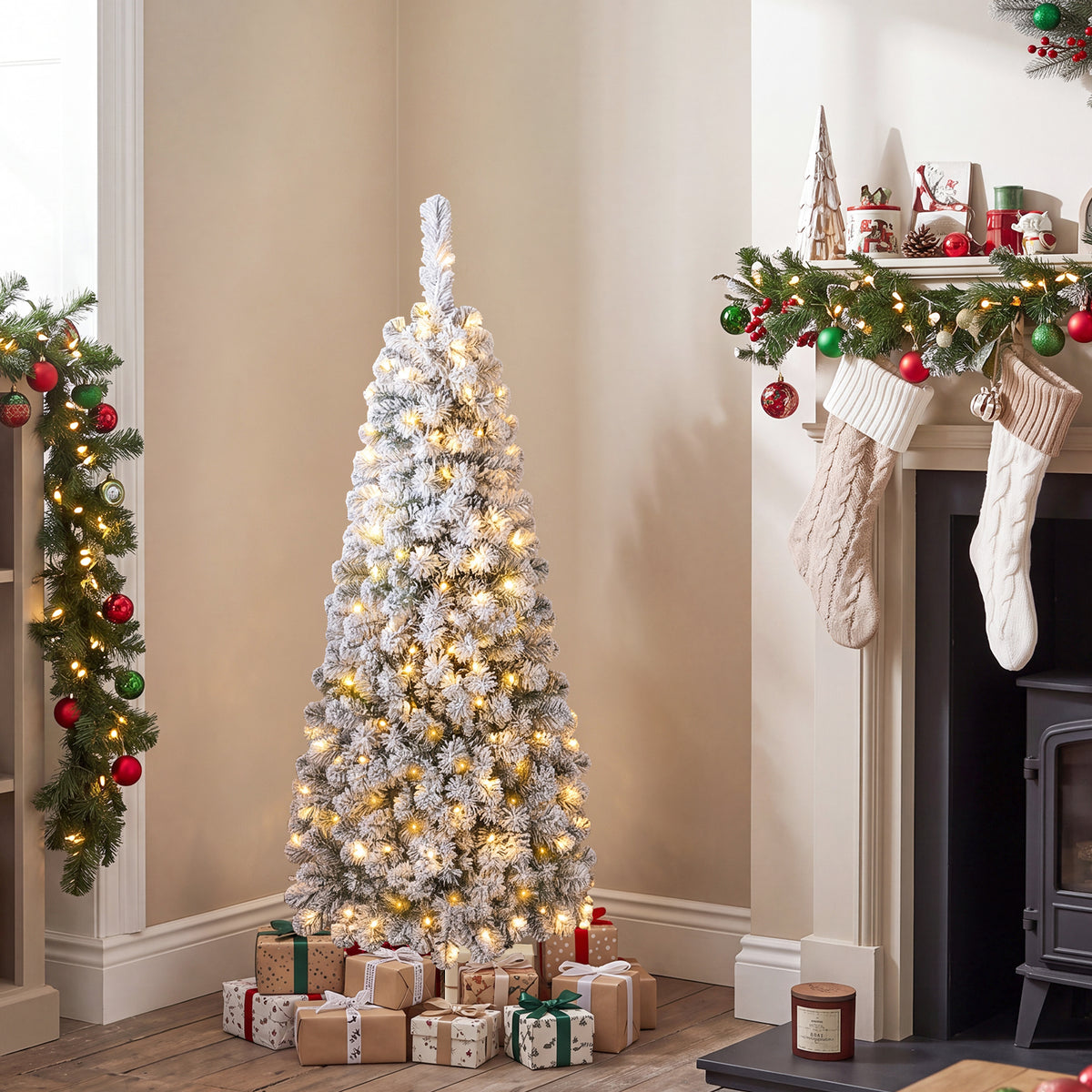 1.4/1.8/2.27M Snow Flocked Prelit Christmas Tree with LED Lights