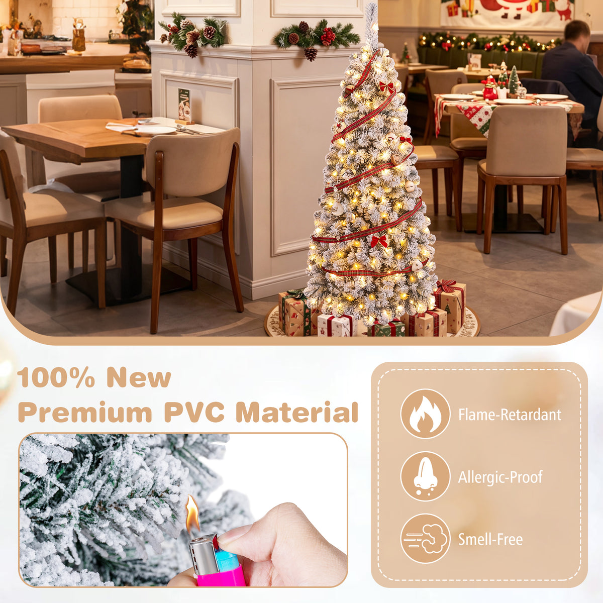 1.4/1.8/2.27M Snow Flocked Prelit Christmas Tree with LED Lights