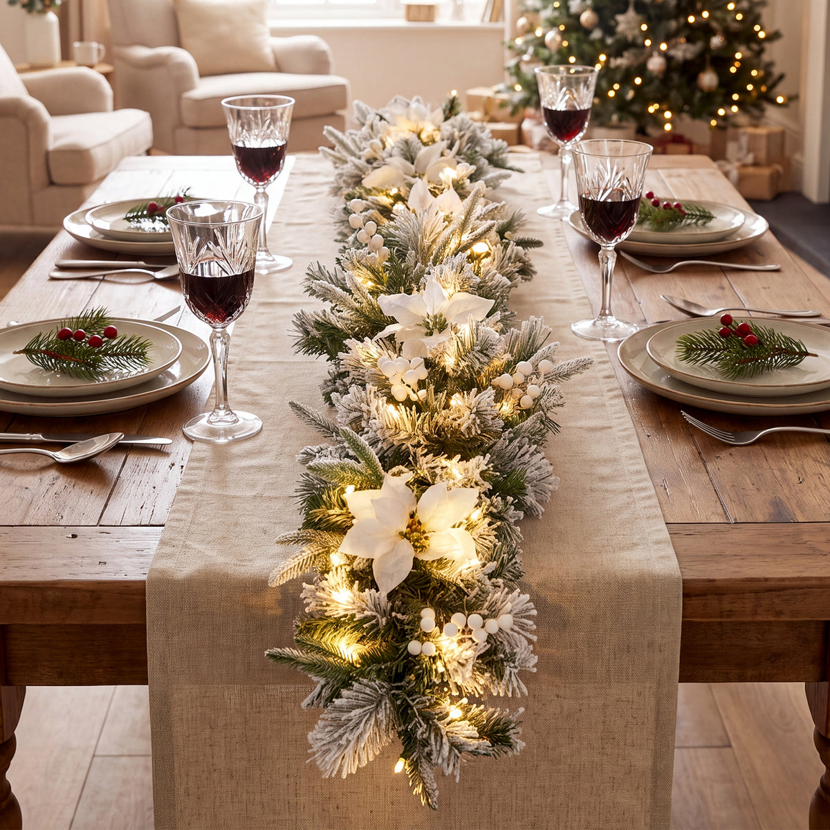 2.8 M Pre-Lit Flocked Christmas Garland & 60 cm Christmas Wreath