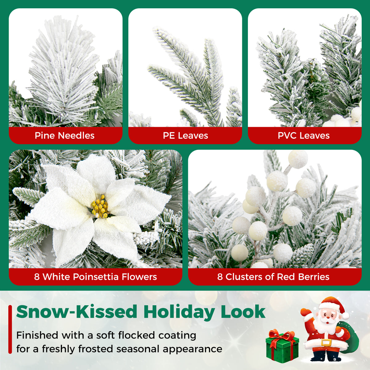 2.8 M Pre-Lit Flocked Christmas Garland & 60 cm Christmas Wreath