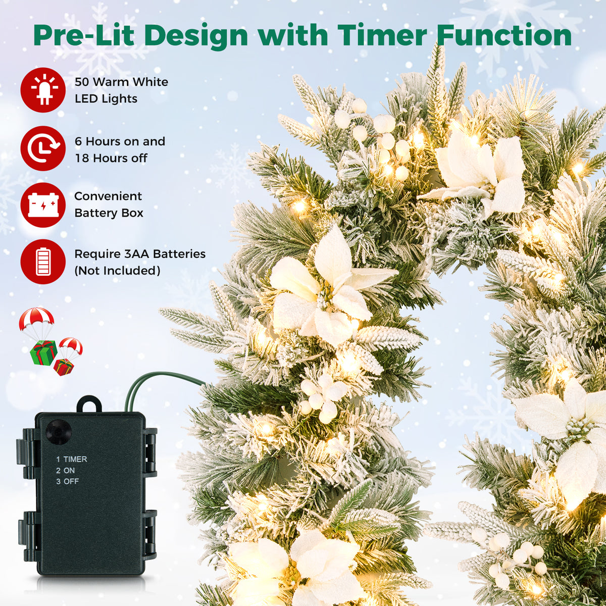 2.8 M Pre-Lit Flocked Christmas Garland & 60 cm Christmas Wreath