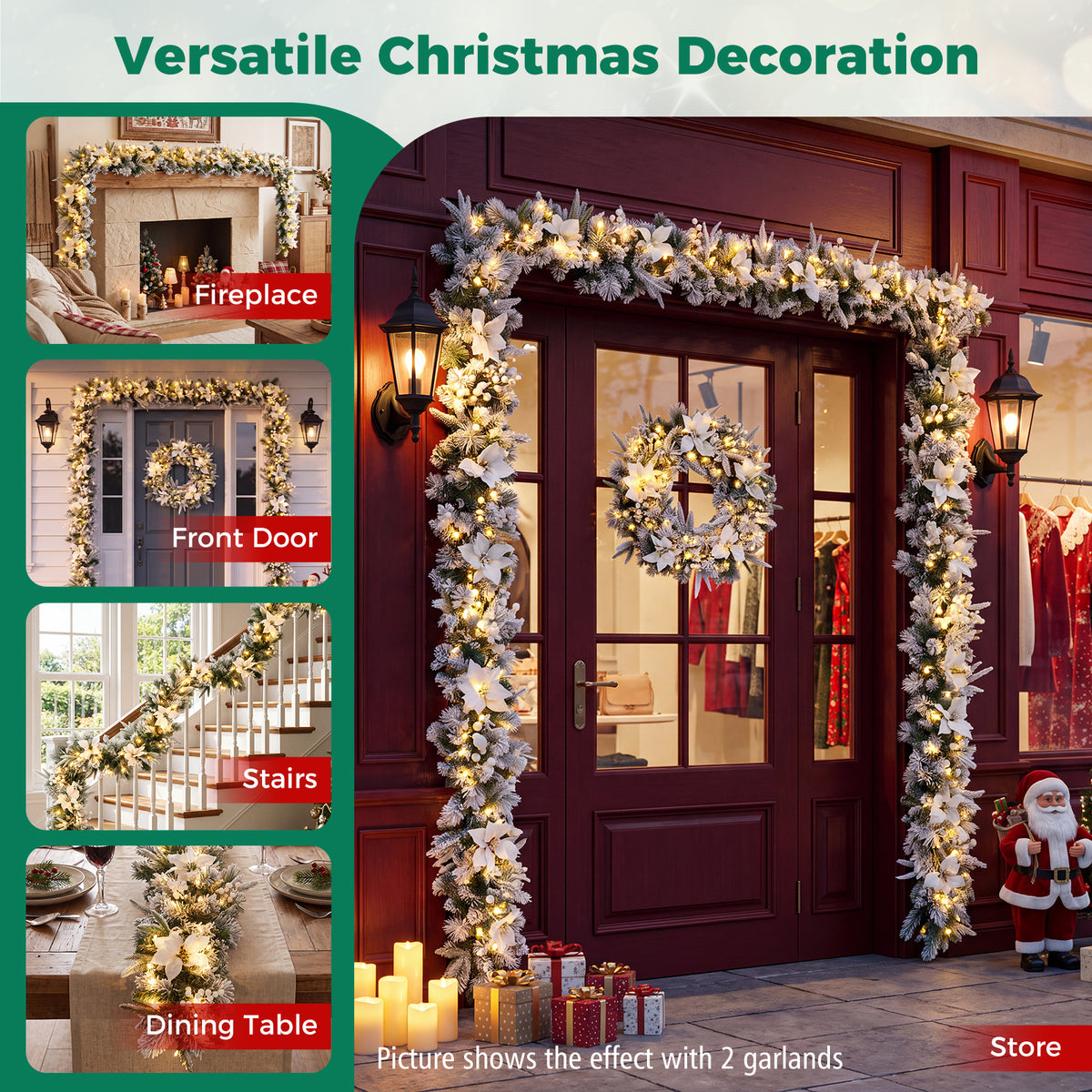 2.8 M Pre-Lit Flocked Christmas Garland & 60 cm Christmas Wreath