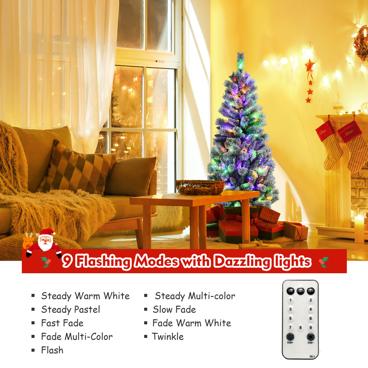 1.5M/1.8M Pre-Lit Artificial Christmas Tree Colored LED Lights Hinged Decor w/ Mixed Branches