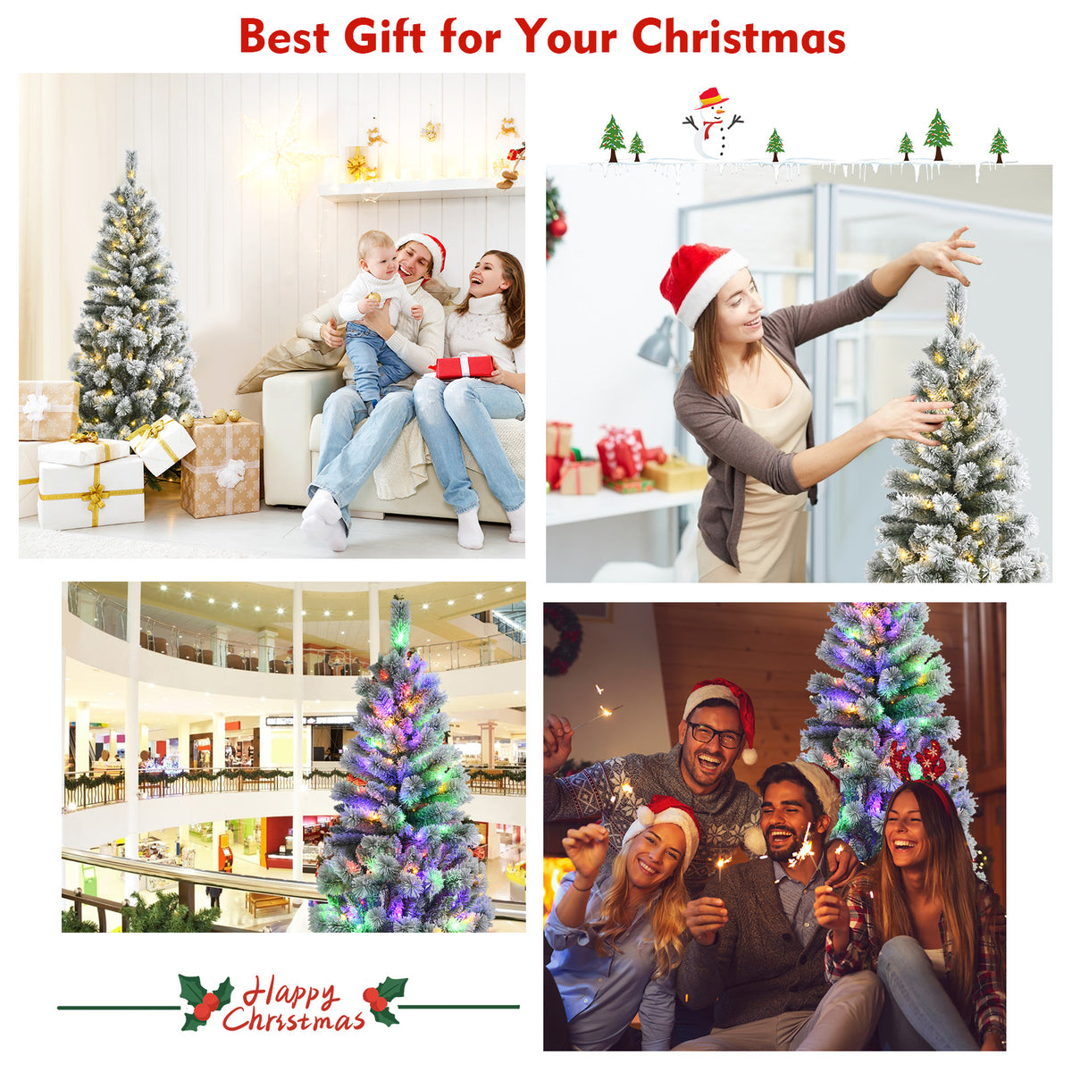 1.5M/1.8M Pre-Lit Artificial Christmas Tree Colored LED Lights Hinged Decor w/ Mixed Branches