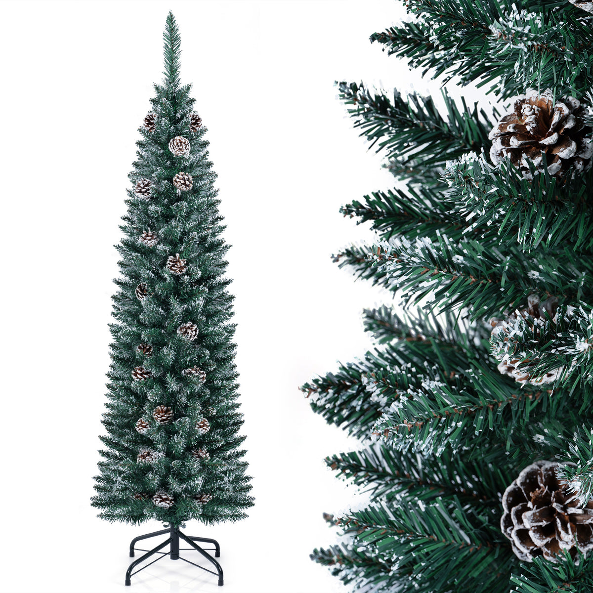 1.5 m/1.8 m/2.1m Artificial Slim Christmas Tree W/ Pine Cones & Snowy Branch Tips
