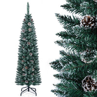 1.5 m/1.8 m/2.1m Artificial Slim Christmas Tree W/ Pine Cones & Snowy Branch Tips