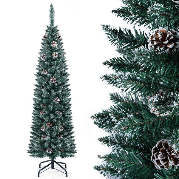 1.5 m/1.8 m/2.1m Artificial Slim Christmas Tree W/ Pine Cones & Snowy Branch Tips