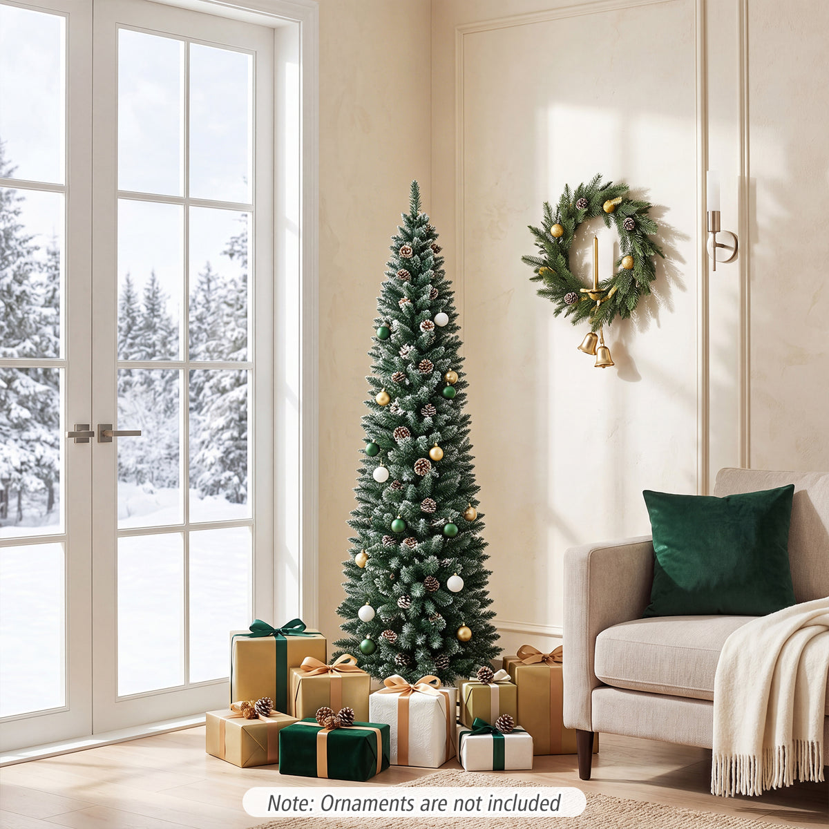 1.5 m/1.8 m/2.1m Artificial Slim Christmas Tree W/ Pine Cones & Snowy Branch Tips