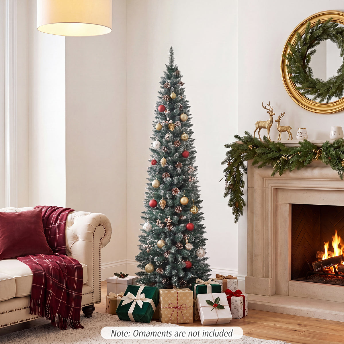 1.5 m/1.8 m/2.1m Artificial Slim Christmas Tree W/ Pine Cones & Snowy Branch Tips