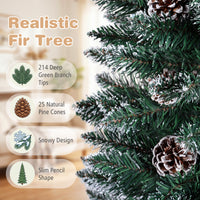 1.5 m/1.8 m/2.1m Artificial Slim Christmas Tree W/ Pine Cones & Snowy Branch Tips