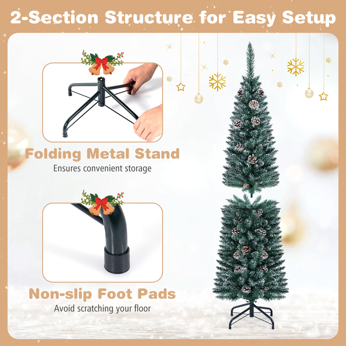 1.5 m/1.8 m/2.1m Artificial Slim Christmas Tree W/ Pine Cones & Snowy Branch Tips