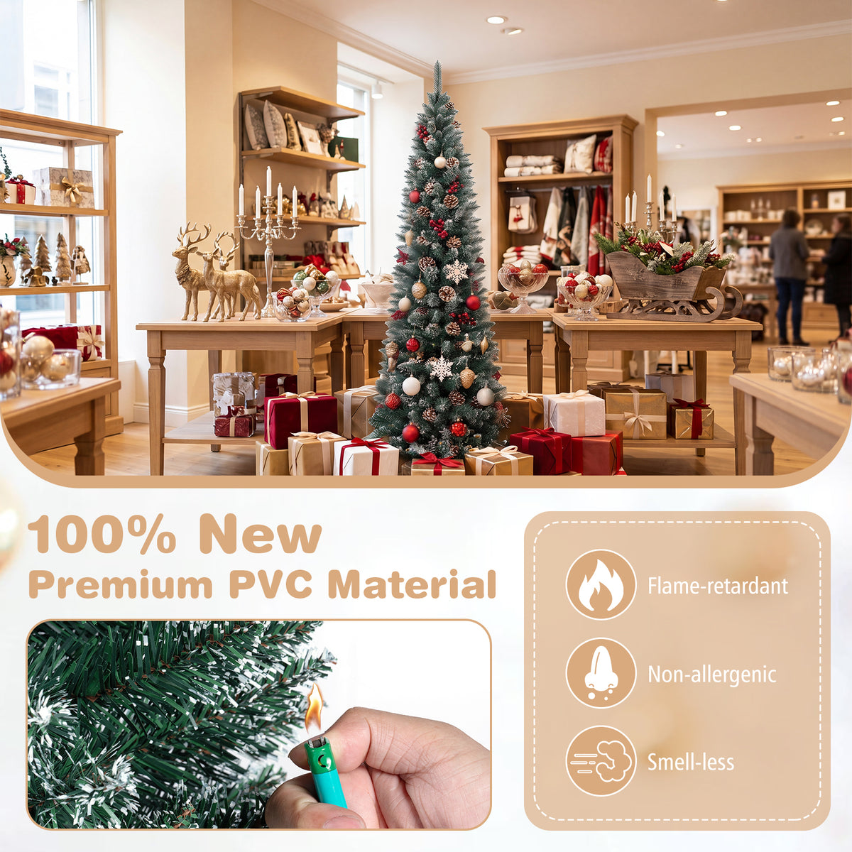 1.5 m/1.8 m/2.1m Artificial Slim Christmas Tree W/ Pine Cones & Snowy Branch Tips