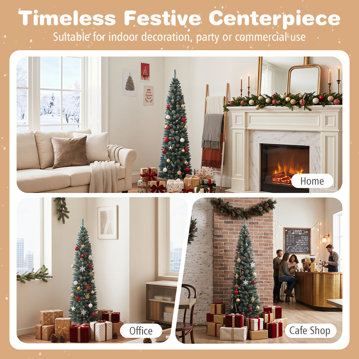 1.5 m/1.8 m/2.1m Artificial Slim Christmas Tree W/ Pine Cones & Snowy Branch Tips