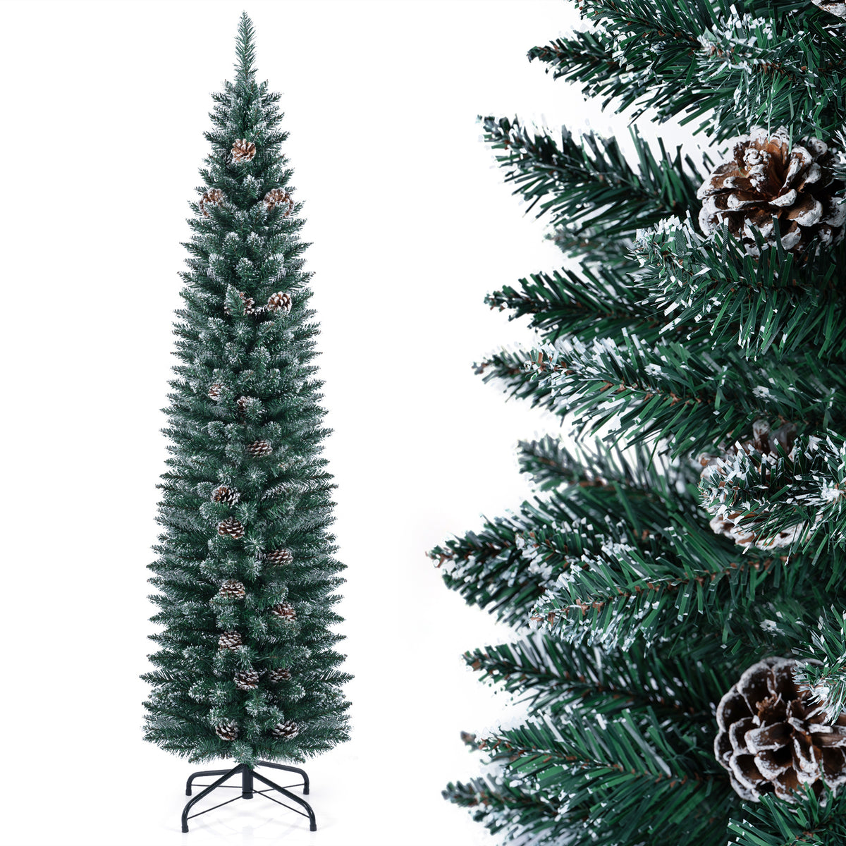 1.5 m/1.8 m/2.1m Artificial Slim Christmas Tree W/ Pine Cones & Snowy Branch Tips