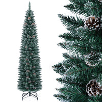 1.5 m/1.8 m/2.1m Artificial Slim Christmas Tree W/ Pine Cones & Snowy Branch Tips
