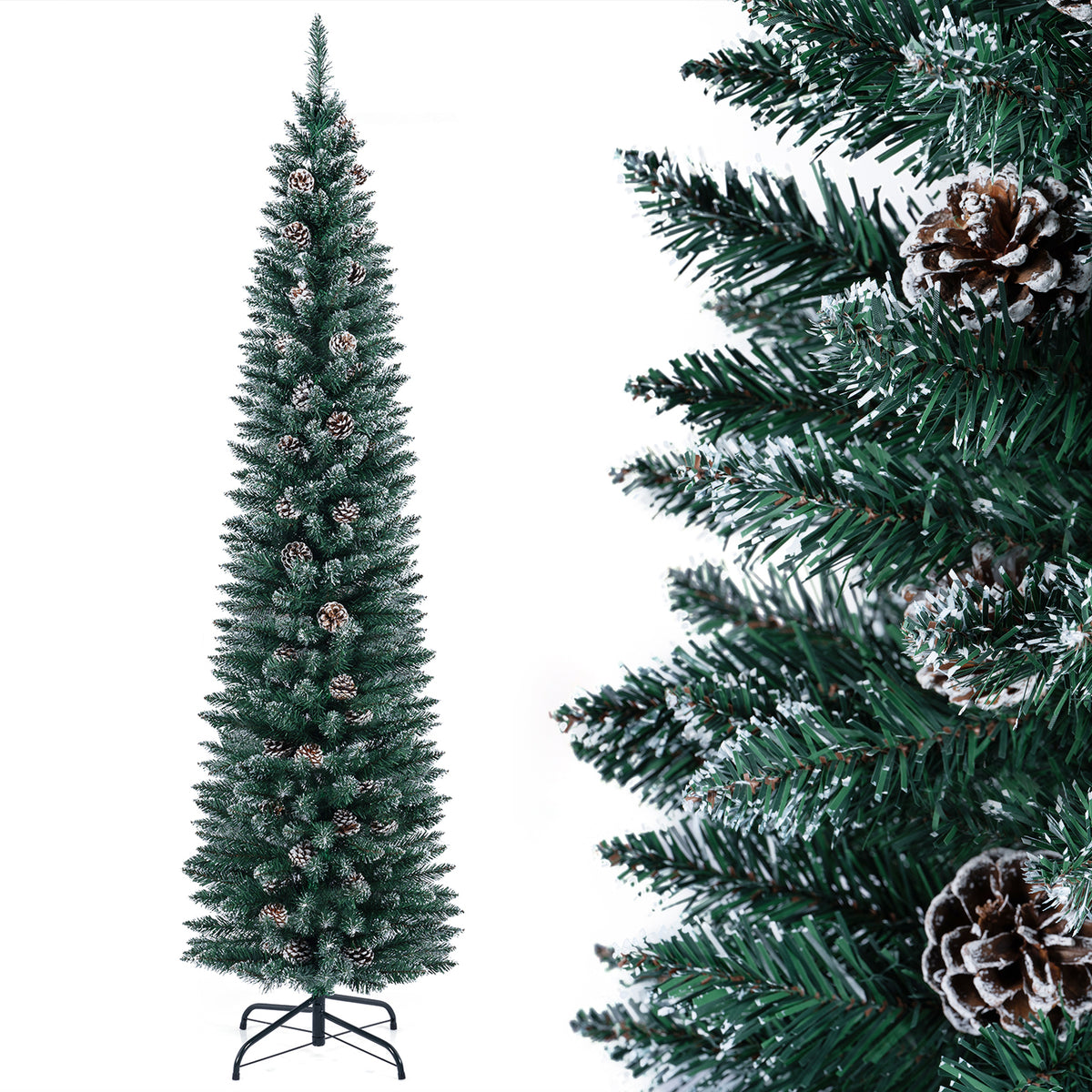 1.5 m/1.8 m/2.1m Artificial Slim Christmas Tree W/ Pine Cones & Snowy Branch Tips