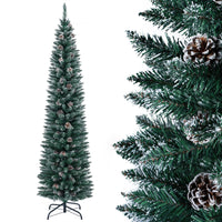 1.5 m/1.8 m/2.1m Artificial Slim Christmas Tree W/ Pine Cones & Snowy Branch Tips