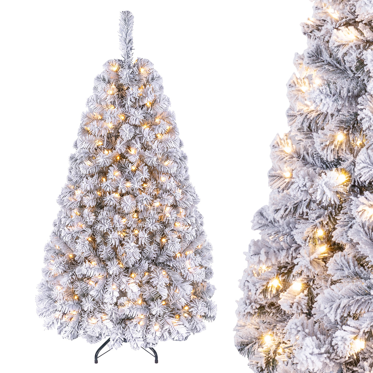 140CM Pre-lit Snow Flocked Christmas Tree Hinged Xmas Decor w/Metal Stand Party