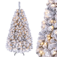 140CM Pre-lit Snow Flocked Christmas Tree Hinged Xmas Decor w/Metal Stand Party
