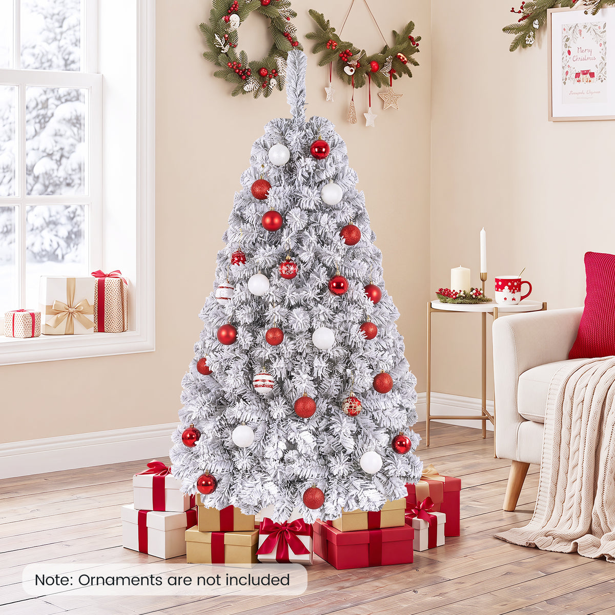 140CM Pre-lit Snow Flocked Christmas Tree Hinged Xmas Decor w/Metal Stand Party