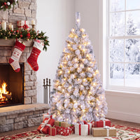 140CM Pre-lit Snow Flocked Christmas Tree Hinged Xmas Decor w/Metal Stand Party