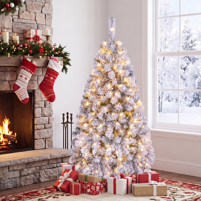 140CM Pre-lit Snow Flocked Christmas Tree Hinged Xmas Decor w/Metal Stand Party