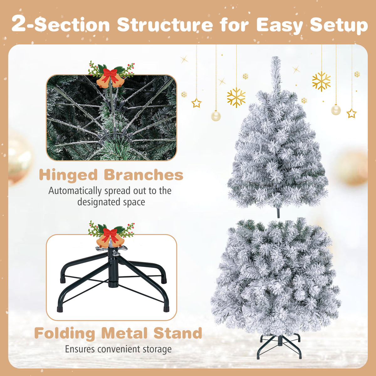 140CM Pre-lit Snow Flocked Christmas Tree Hinged Xmas Decor w/Metal Stand Party