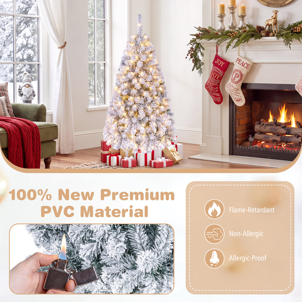 140CM Pre-lit Snow Flocked Christmas Tree Hinged Xmas Decor w/Metal Stand Party
