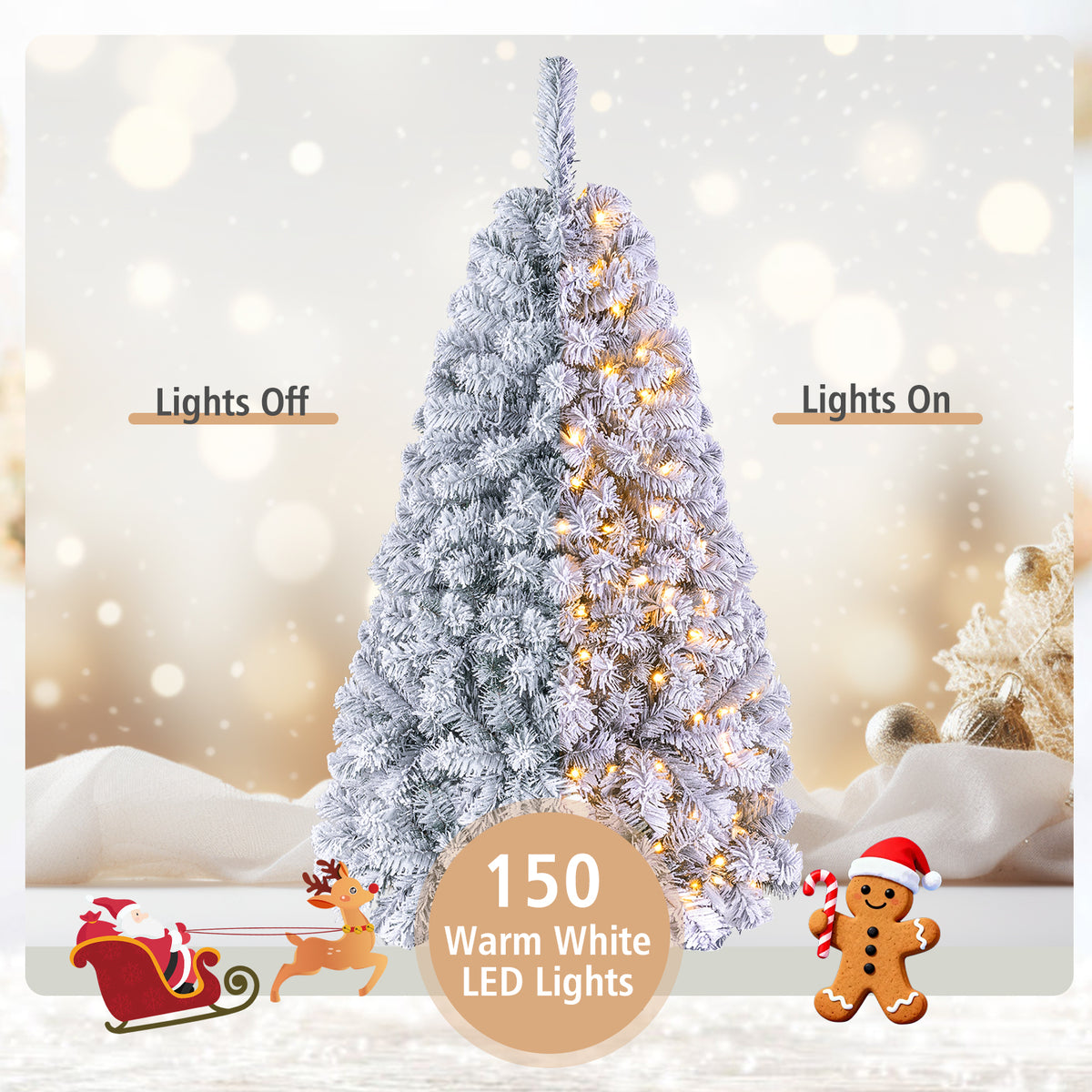140CM Pre-lit Snow Flocked Christmas Tree Hinged Xmas Decor w/Metal Stand Party