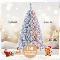 140CM Pre-lit Snow Flocked Christmas Tree Hinged Xmas Decor w/Metal Stand Party