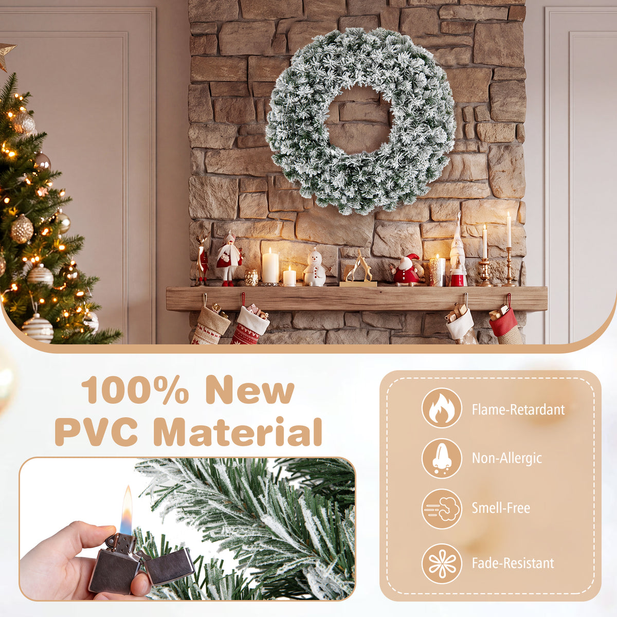 61CM Flocked Christmas Wreath with Timer for Front Door