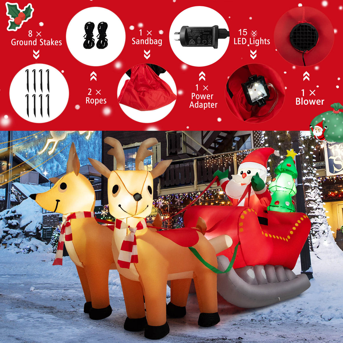 Christmas Inflatable Santa Claus Sleigh &Reindeer w/15 LED & Christmas Tree Outdoor