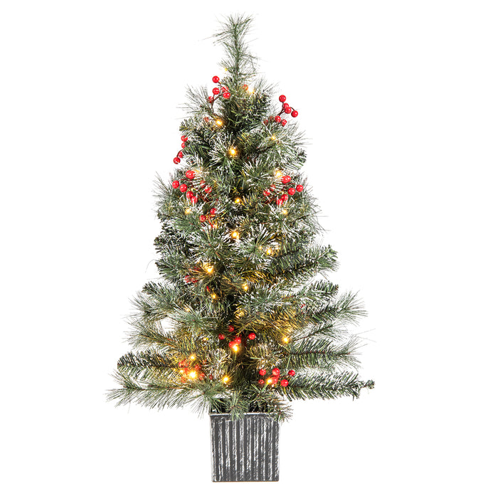 90 CM Artificial Entrance Christmas Tree, Pre-lit Potted Xmas Tree with 125 Branch Tips