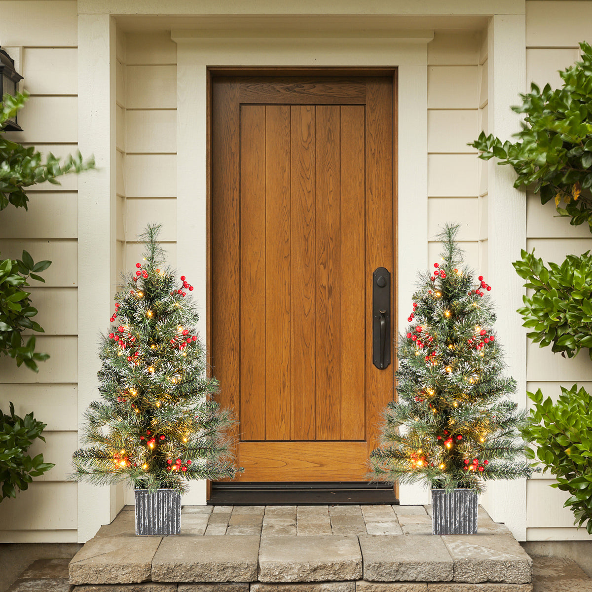 90 CM Artificial Entrance Christmas Tree, Pre-lit Potted Xmas Tree with 125 Branch Tips