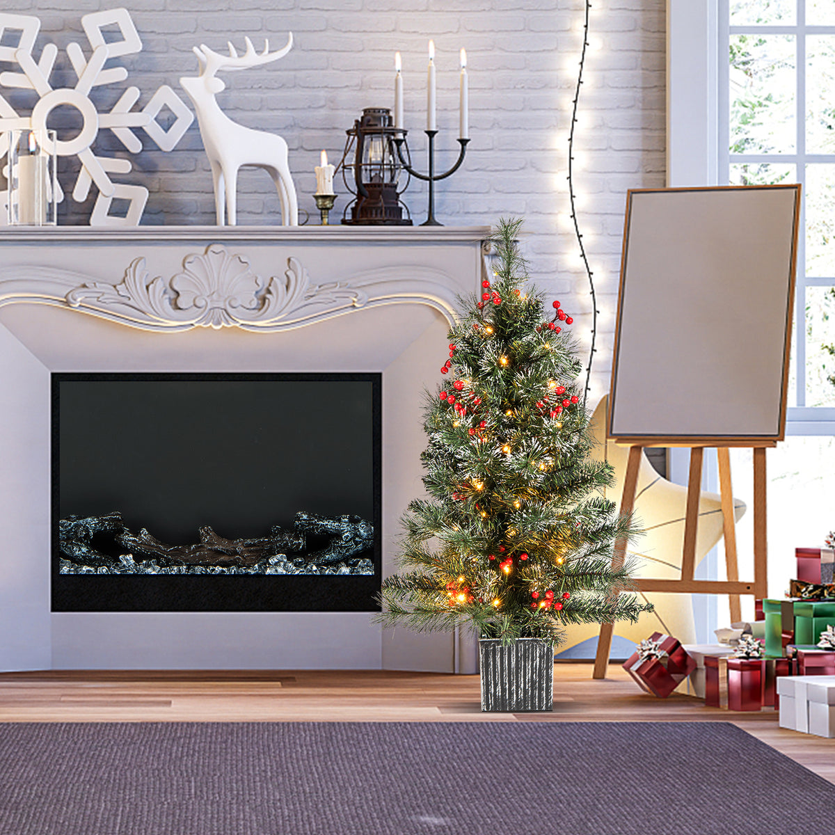 90 CM Artificial Entrance Christmas Tree, Pre-lit Potted Xmas Tree with 125 Branch Tips