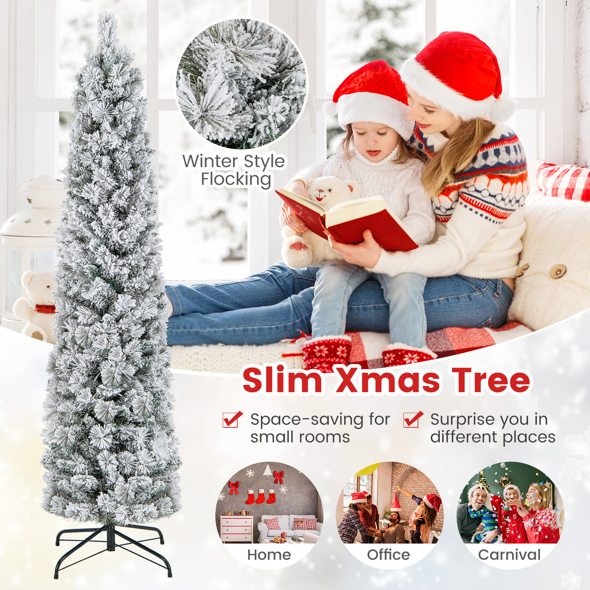 186CM Slim Christmas Tree, Flocked Xmas Tree with 373 Branch Tips