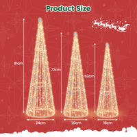 Set of 3 Pre-lit Christmas Cone Trees, Xmas Decorative Conic Tree Set