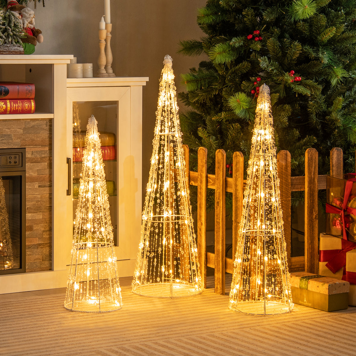 Set of 3 Pre-lit Christmas Cone Trees, Xmas Decorative Conic Tree Set