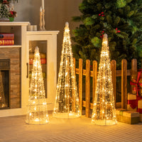 Set of 3 Pre-lit Christmas Cone Trees, Xmas Decorative Conic Tree Set