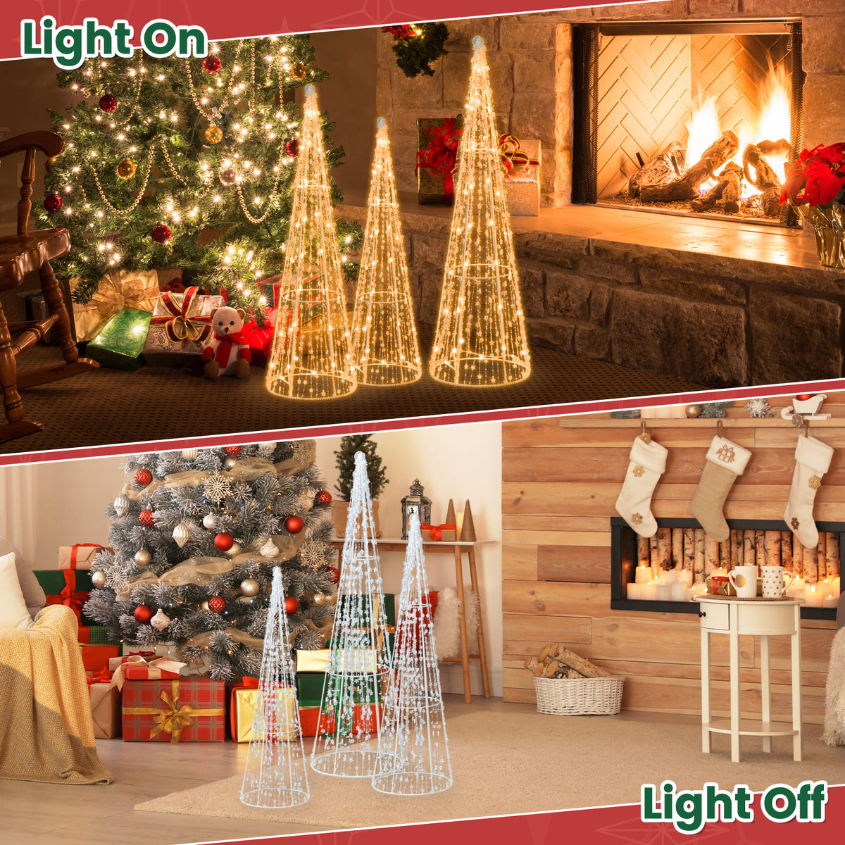 Set of 3 Pre-lit Christmas Cone Trees, Xmas Decorative Conic Tree Set