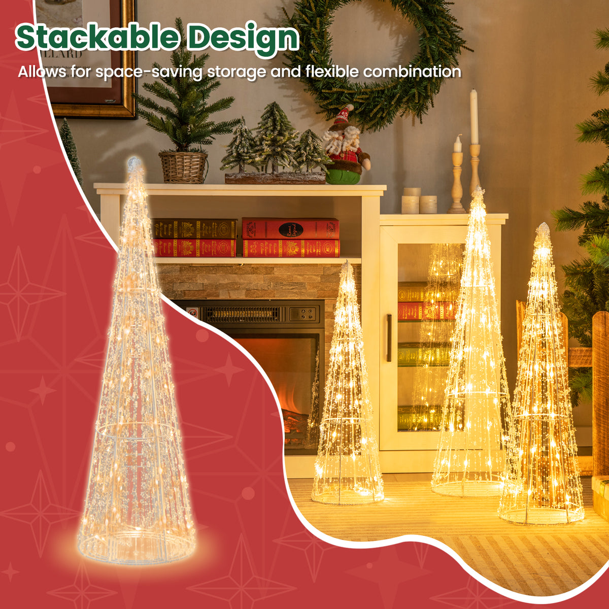 Set of 3 Pre-lit Christmas Cone Trees, Xmas Decorative Conic Tree Set
