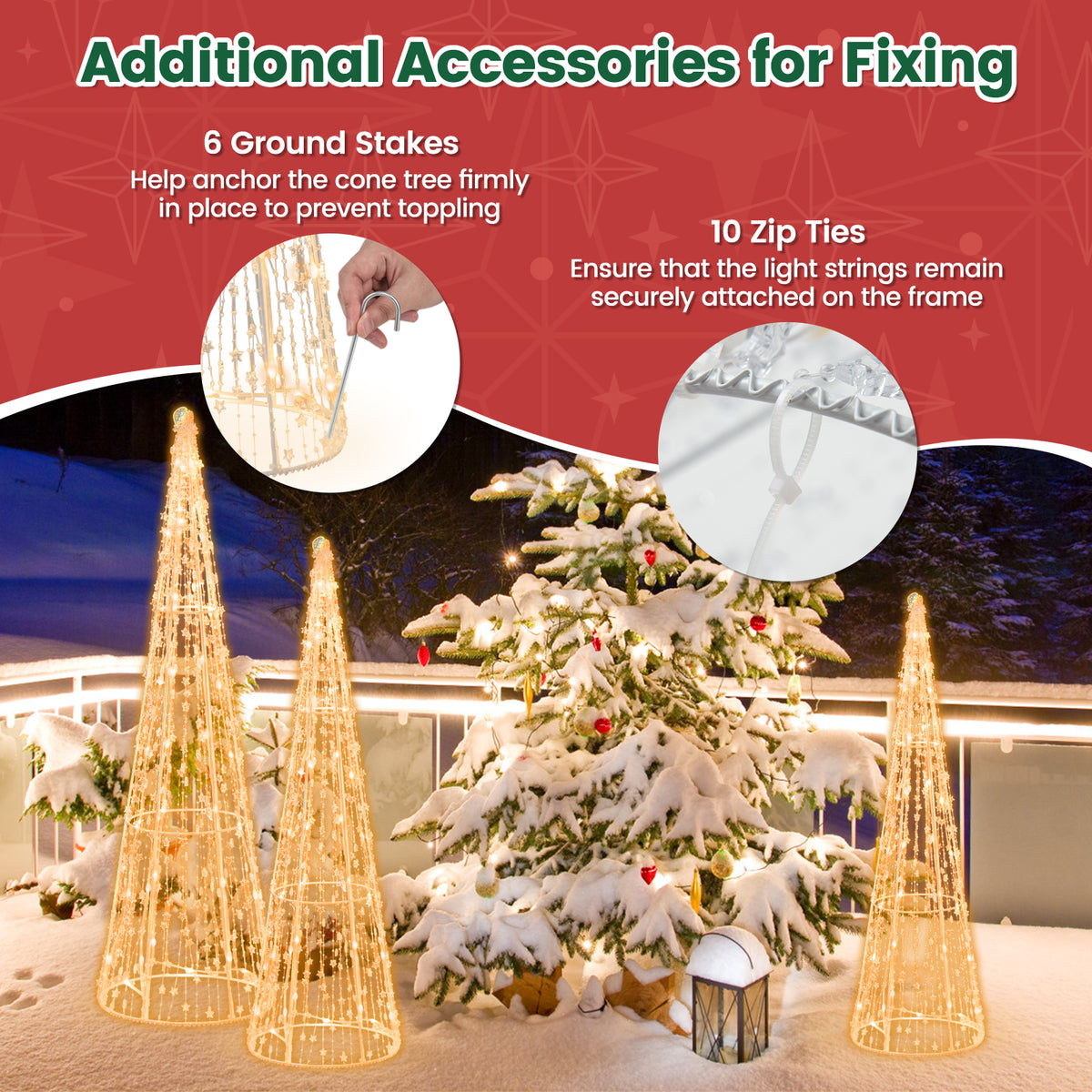 Set of 3 Pre-lit Christmas Cone Trees, Xmas Decorative Conic Tree Set