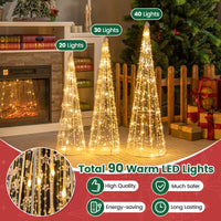 Set of 3 Pre-lit Christmas Cone Trees, Xmas Decorative Conic Tree Set