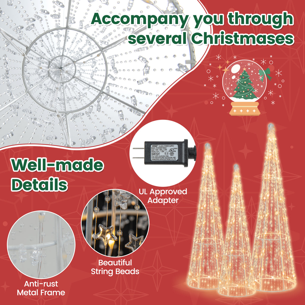 Set of 3 Pre-lit Christmas Cone Trees, Xmas Decorative Conic Tree Set