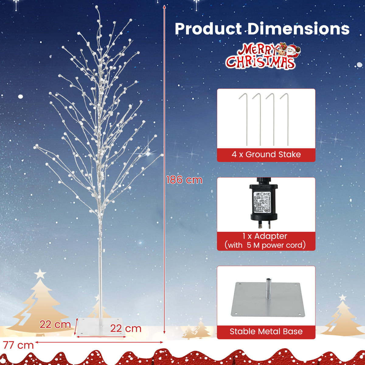 155/186 CM Lighted Birch Tree, Artificial Christmas Twig Tree with 168/200 Warm-White LED Lights