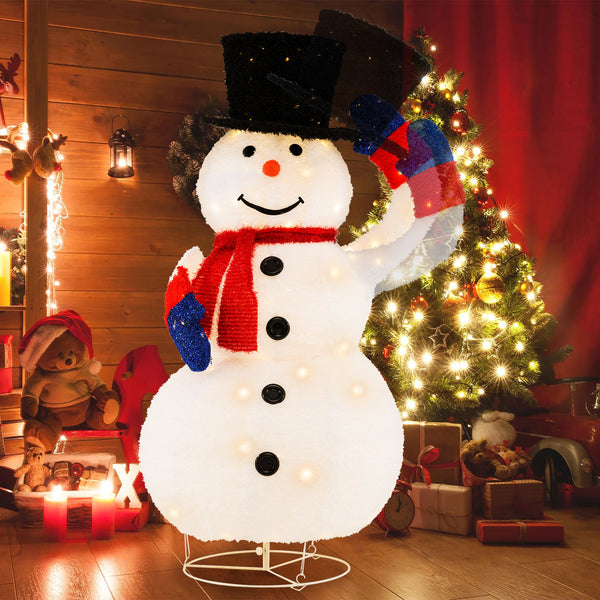 130CM Pre-Lit Christmas Snowman with 120 Built-in LED Lights, Xmas Snowman w/ Up/Down Swing Hat, Timer, Zip Ties & Ground Stakes